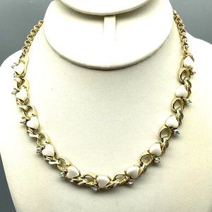 Vintage White Thermoset Hearts Choker, Gold Tone and Lucite Necklace with AB
